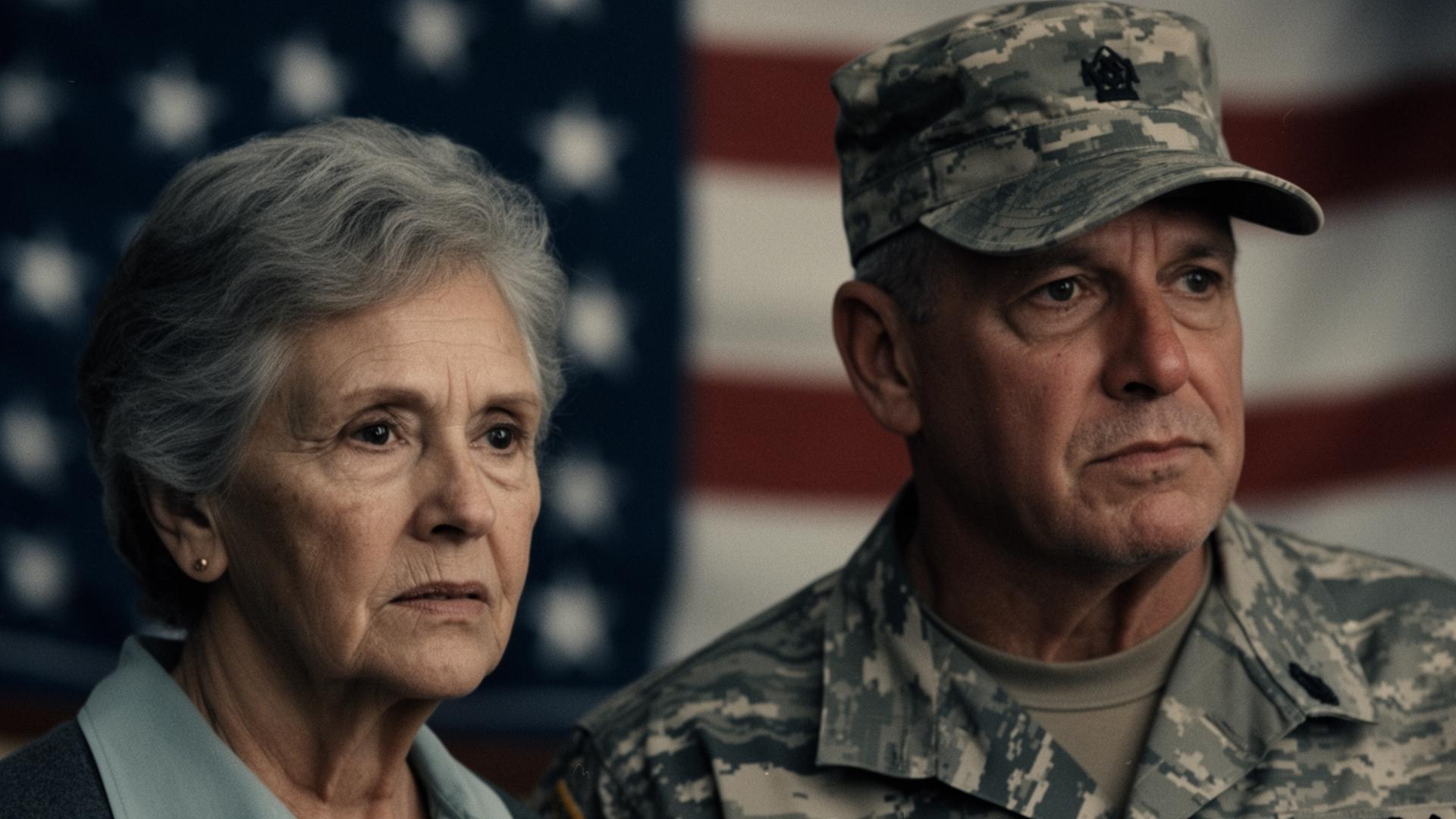 Senior couple and military veteran standing together